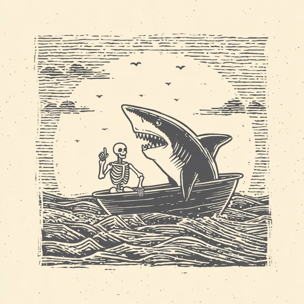 A linocut-style illustration depicts a skeleton sitting in a small boat with a large shark. The skeleton gestures with one hand, appearing calm despite the shark's presence.  The ocean waves are intricately detailed, and a textured border frames the scene, giving it a vintage or antique feel.  Birds fly in the background, adding to the serene yet slightly unsettling mood.
