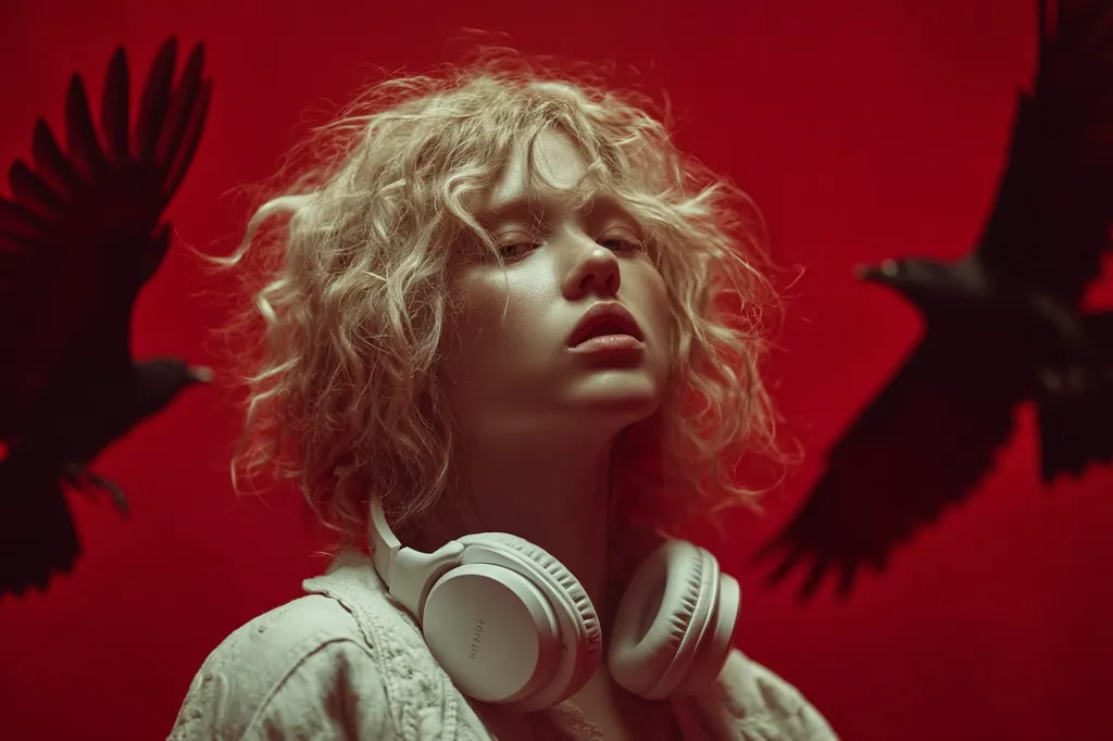 A young woman with short, curly blonde hair is the focus of the image, set against a vibrant red backdrop.  She wears white over-ear headphones around her neck.  Silhouetted figures of crows flank her, creating a dramatic and slightly ominous atmosphere.  The lighting is dramatic, highlighting her features and the stark contrast of the red background.