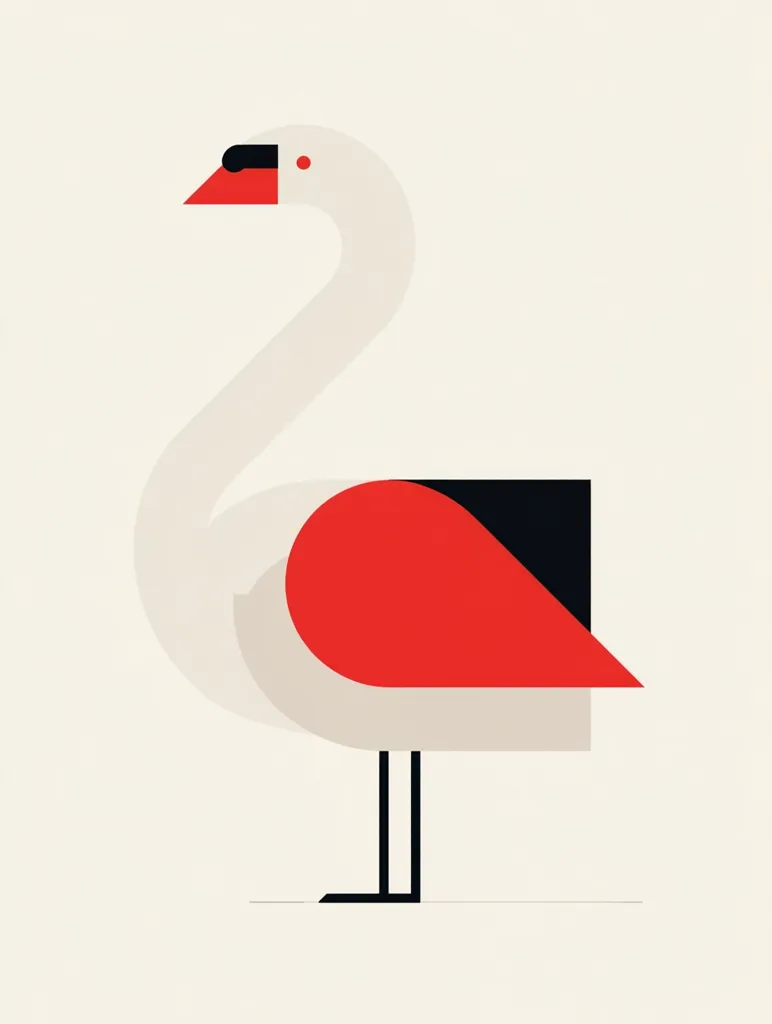 A stylized illustration of a swan, rendered in a geometric, minimalist style.  The swan's body is primarily off-white, contrasted by a bold red and black section near the tail.  The design utilizes simple shapes and sharp lines, creating a modern and graphic representation of the bird.  The overall aesthetic is clean and contemporary.