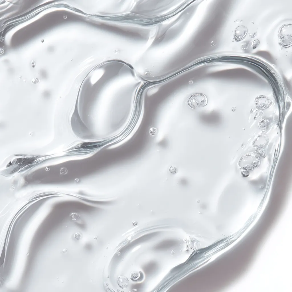 A close-up shot reveals a translucent gel with a smooth, undulating surface.  Small air bubbles are dispersed throughout the gel, creating a textured appearance. The gel's consistency appears light and watery, with the light reflecting off its surface.  The overall impression is one of cleanliness and purity.
