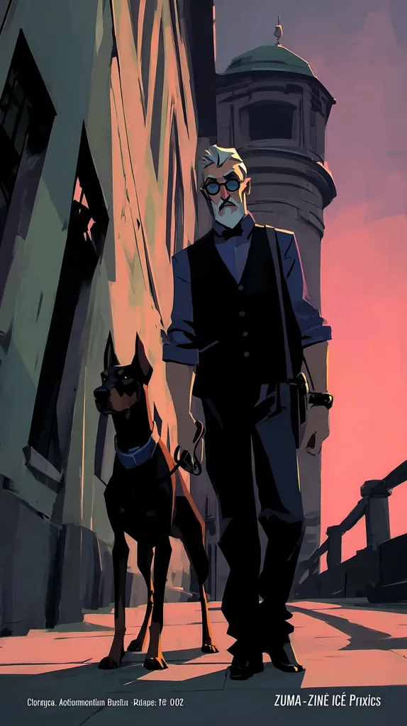 An older man with glasses and a gray beard walks down a city street at dusk, accompanied by a Doberman Pinscher.  He's dressed in a dark vest and shirt, carrying a satchel. The setting is atmospheric, with a tall, stone tower visible in the background. The style is sharp and stylized, evocative of a graphic novel or illustration. The overall mood is serious and somewhat mysterious.