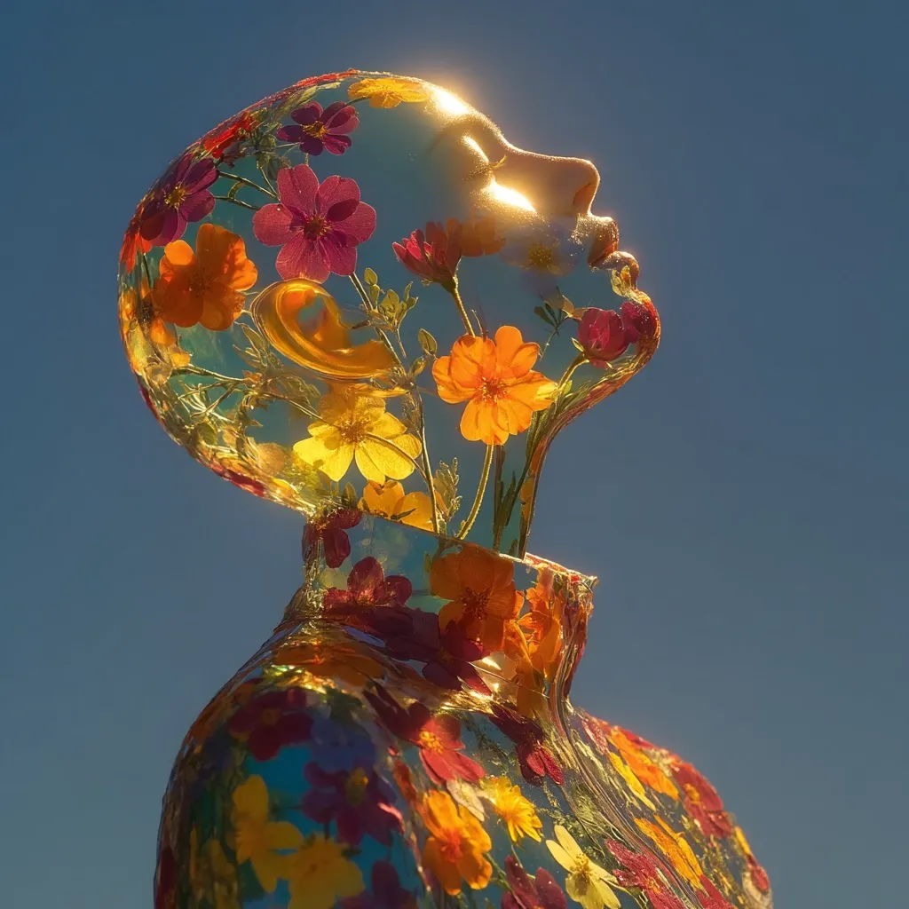A translucent figure, seemingly made of glass or resin, is filled with vibrant pressed flowers.  The head is tilted back, eyes closed, suggesting serenity.  Warm sunlight illuminates the figure, enhancing the colors of the embedded blossoms.  The overall effect is one of ethereal beauty and the delicate merging of nature and art.