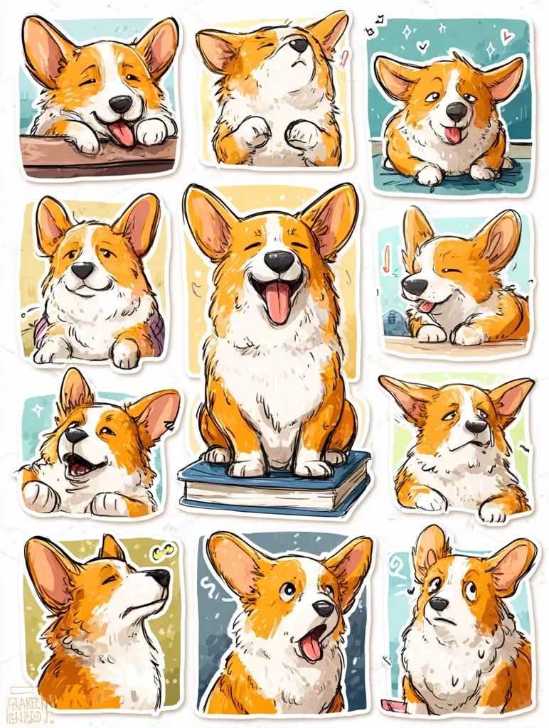 A collection of twelve adorable cartoon Corgi stickers showcasing a variety of expressions.  Each Corgi is depicted in a different pose and mood, from happy and playful to sleepy and contemplative. The illustrations are done in a warm, inviting style with a slightly textured background, perfect for adding personality to any digital communication.