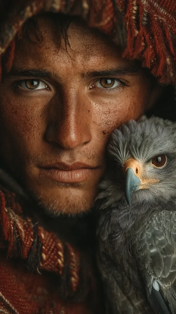 A close-up portrait reveals a man's intense gaze, his face weathered and marked by time.  He's shrouded in a rich, reddish-brown woven garment, its texture mirroring the ruggedness of his features.  A large, grey bird of prey, possibly a hawk or eagle, rests against his shoulder, its sharp eyes mirroring the man's intensity. The image evokes a sense of strength, connection with nature, and a life lived outdoors.