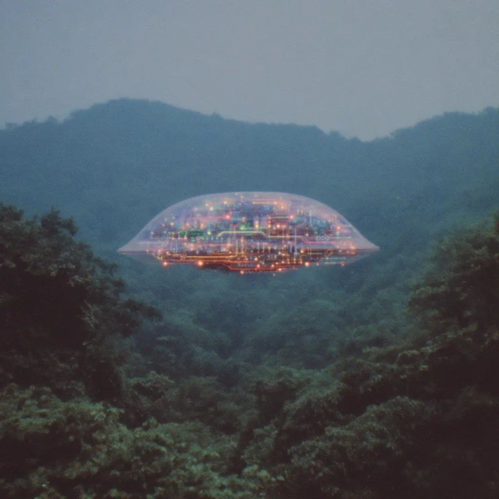 A translucent, dome-shaped spacecraft hovers silently above a lush, verdant forest.  Its interior glows with intricate circuitry and soft lights, contrasting with the muted greens and blues of the landscape below.  The scene evokes a sense of mystery and otherworldly visitation, a peaceful yet slightly unsettling encounter between technology and nature.  Mountains rise in the hazy distance.