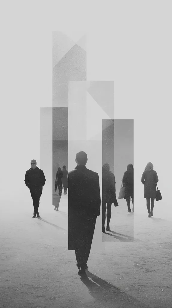 A monochromatic image depicts a man walking amidst a group of silhouetted figures.  Geometric shapes, suggestive of buildings, partially obscure the scene. The overall mood is somber and atmospheric, with a sense of anonymity and isolation in an urban environment. The contrast between the sharply defined central figure and the blurred background enhances the feeling of detachment.