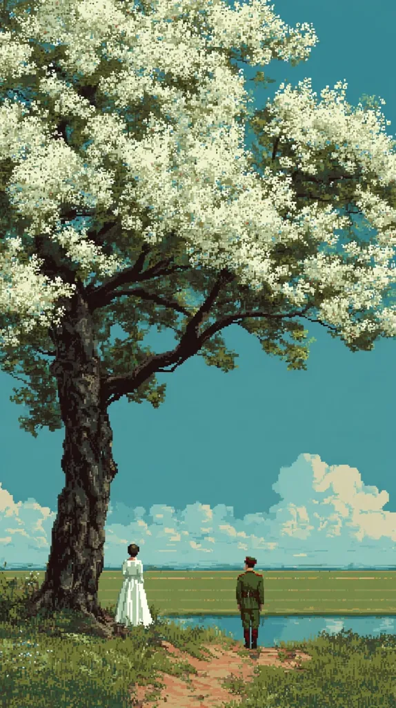 A pixel art depiction of a serene landscape. A large, blossoming tree dominates the foreground, its white flowers contrasting against the dark trunk.  A woman in a white dress and a man in a military uniform stand near the tree, gazing across a tranquil waterway towards a flat, green expanse under a partly cloudy sky. The scene evokes a sense of peace and perhaps longing.