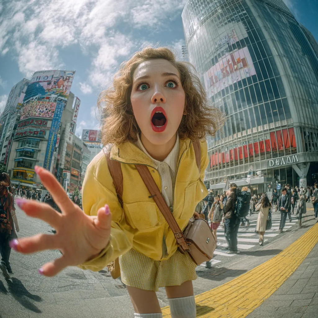 A young woman with curly brown hair and a surprised expression stands in a bustling Tokyo street.  She wears a yellow jacket and plaid skirt, extending her hand towards the viewer in a fish-eye perspective shot.  Brightly colored billboards and modern buildings form a vibrant backdrop, showcasing the energy of the city. The scene is dynamic and filled with pedestrians crossing a street.