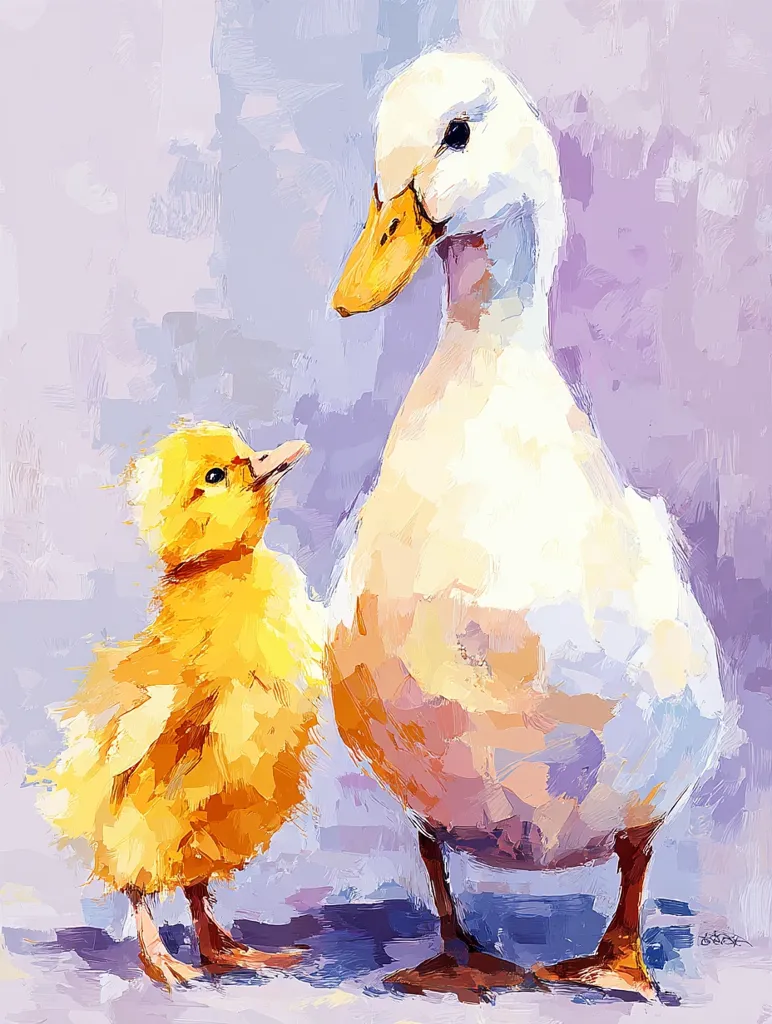 A vibrant painting depicts a white adult duck standing beside a small, fluffy yellow duckling.  The style is impressionistic, with visible brushstrokes creating a textured effect.  The adult duck is predominantly white, with hints of cream and yellow, while the duckling is a bright, golden yellow. The background is a soft lavender, complementing the warm tones of the ducks. The overall mood is tender and charming.