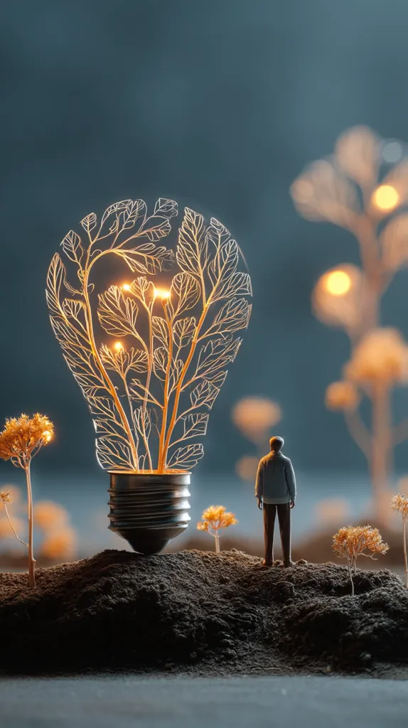 A miniature person stands before a large lightbulb, its filament replaced with delicate, glowing branches and leaves.  The bulb rests on a small mound of earth, with tiny plants sprouting around it.  The background is blurred, showing a soft, out-of-focus landscape of muted colors and small lights, creating a surreal and contemplative scene. The image evokes themes of nature, innovation, and wonder.