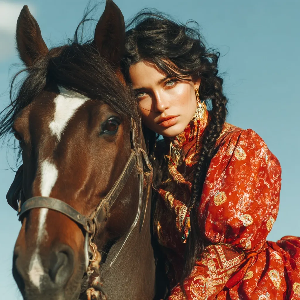 A young woman with long, dark braids leans against a brown horse. She wears a vibrant red, patterned dress and gold earrings.  The horse's head is close to hers, creating an intimate scene. The backdrop is a clear, bright blue sky. The overall aesthetic is romantic and evocative of a bygone era.  The image's lighting is soft and warm.