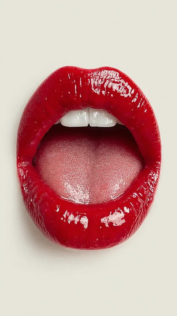 A close-up shot reveals a pair of full, luscious lips painted a vibrant red.  The glossy finish of the lipstick glistens, highlighting the shape and texture of the lips.  The mouth is slightly open, showcasing a glimpse of white teeth and the pink tongue within.  The image is stark against a plain, off-white background.