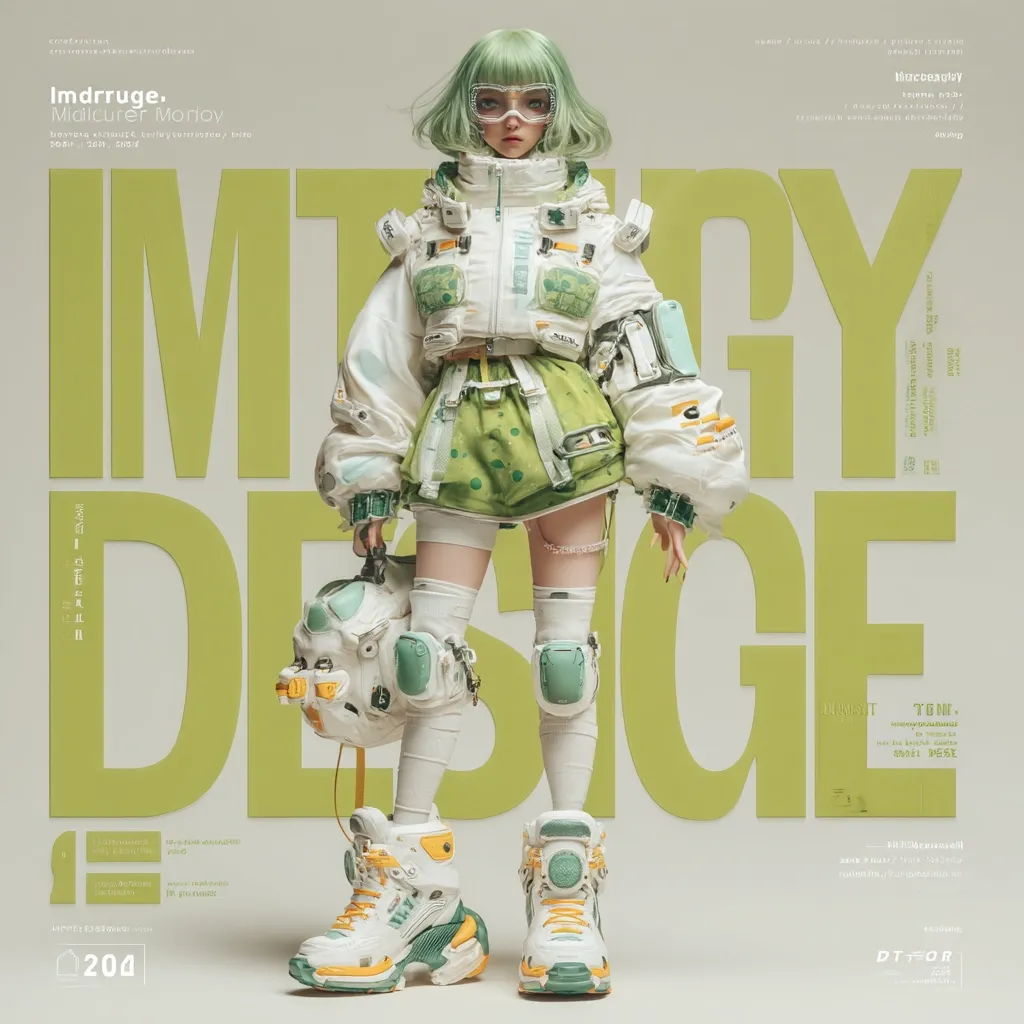 A stylized female figure in futuristic attire stands against a muted green background.  She wears a puffy white and green jacket, knee-high socks, and chunky boots.  The overall aesthetic is clean and futuristic, with a focus on geometric shapes and muted colors. A helmet hangs from her arm. The image is a fashion illustration or promotional material, showcasing a unique and trendy style.  The text overlay suggests a design or fashion magazine context.