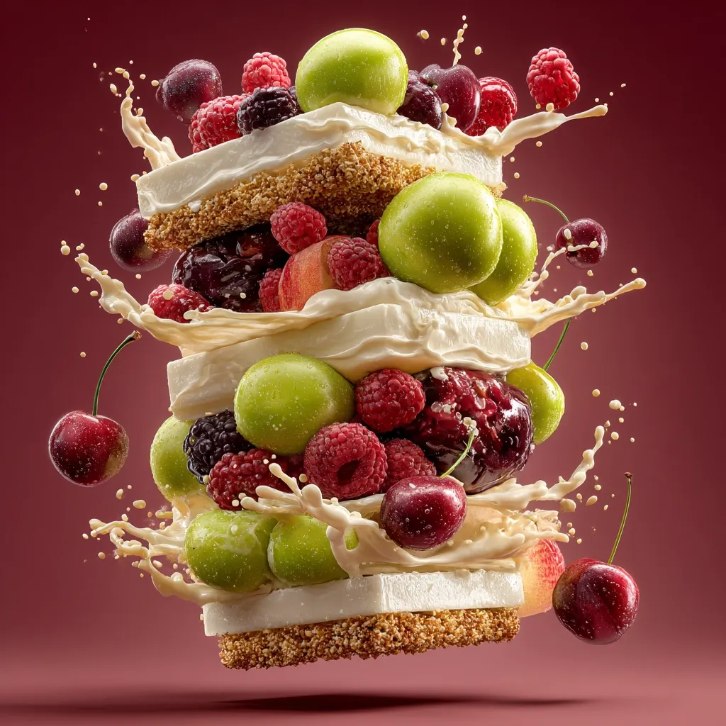 A three-layered dessert is shown in mid-air, surrounded by a splash of cream. Each layer consists of a creamy base topped with a vibrant mix of fresh berries and green plums.  Cherries, raspberries, blackberries, and other fruits are visible, creating a visually appealing and delicious-looking treat. The background is a deep maroon, enhancing the dessert's vibrant colors.
