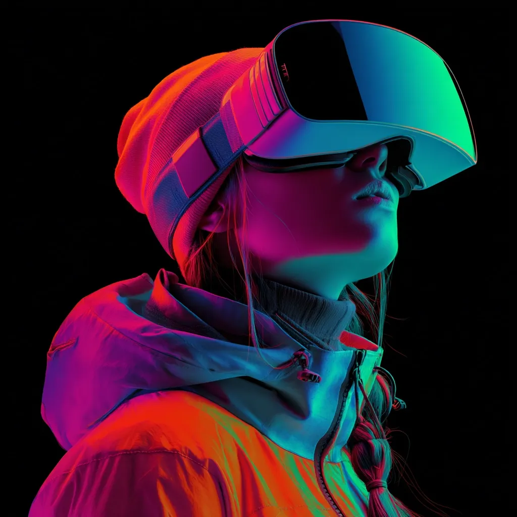 A young woman, wearing a vibrant orange and teal jacket and beanie, is immersed in a virtual reality experience.  Neon-colored lighting dramatically illuminates her face and clothing as she gazes upward, completely engrossed in the VR headset. The dark background emphasizes the futuristic and immersive nature of the technology.  Her expression suggests wonder and awe at the virtual world before her.