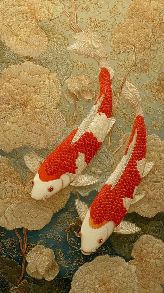 A detailed embroidery depicts two vibrant koi fish swimming amidst stylized lotus leaves.  The koi, rendered in shades of red and white, are intricately stitched with textured scales.  The background features a teal water pattern and textured, pale gold lotus pads, creating a serene and elegant underwater scene. The craftsmanship showcases exceptional detail and artistry.