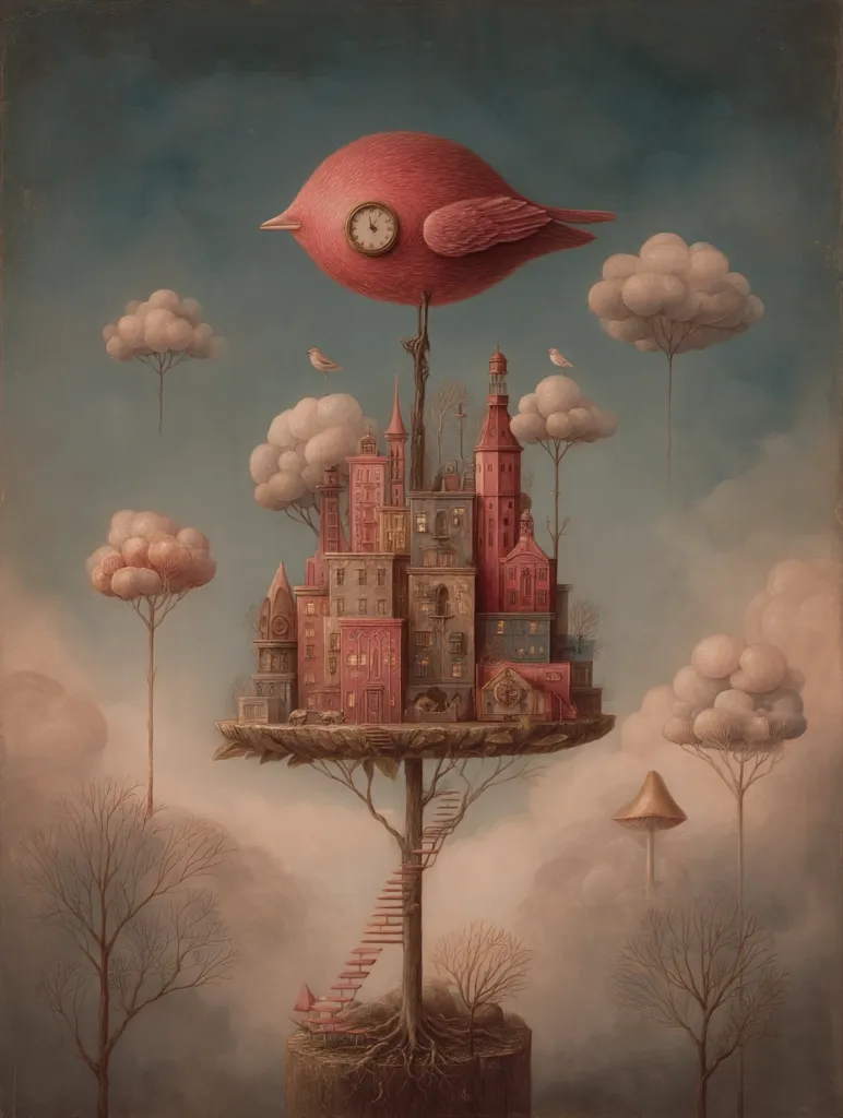 A whimsical illustration depicts a miniature city perched atop a giant tree trunk, supported by a large, clock-faced bird.  Surrounding the scene are fluffy clouds nestled on slender tree-like stems.  The overall style is surreal and dreamlike, with muted pastel colors and a fantastical atmosphere.  A staircase winds up the tree trunk, leading to the airborne city.  The image evokes a sense of wonder and playful imagination.