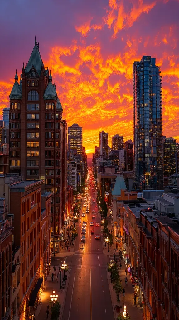 A vibrant city street scene unfolds beneath a breathtaking sunset.  Buildings of varying heights, including a striking, ornate brick structure, line the road.  Cars drive along the illuminated street, creating a warm glow against the fiery orange and purple sky.  The dramatic clouds reflect the city lights, enhancing the urban landscape's beauty at twilight.