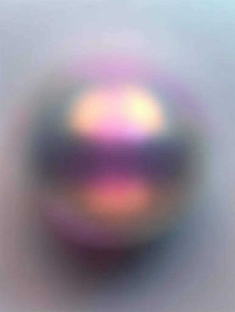The image is an abstract, blurred representation of a sphere.  Soft, pastel hues of pink, orange, and purple dominate, creating a dreamy, out-of-focus effect.  The central sphere is indistinct, with a darker band separating lighter top and bottom halves. The overall effect is one of gentle, diffused light and color.