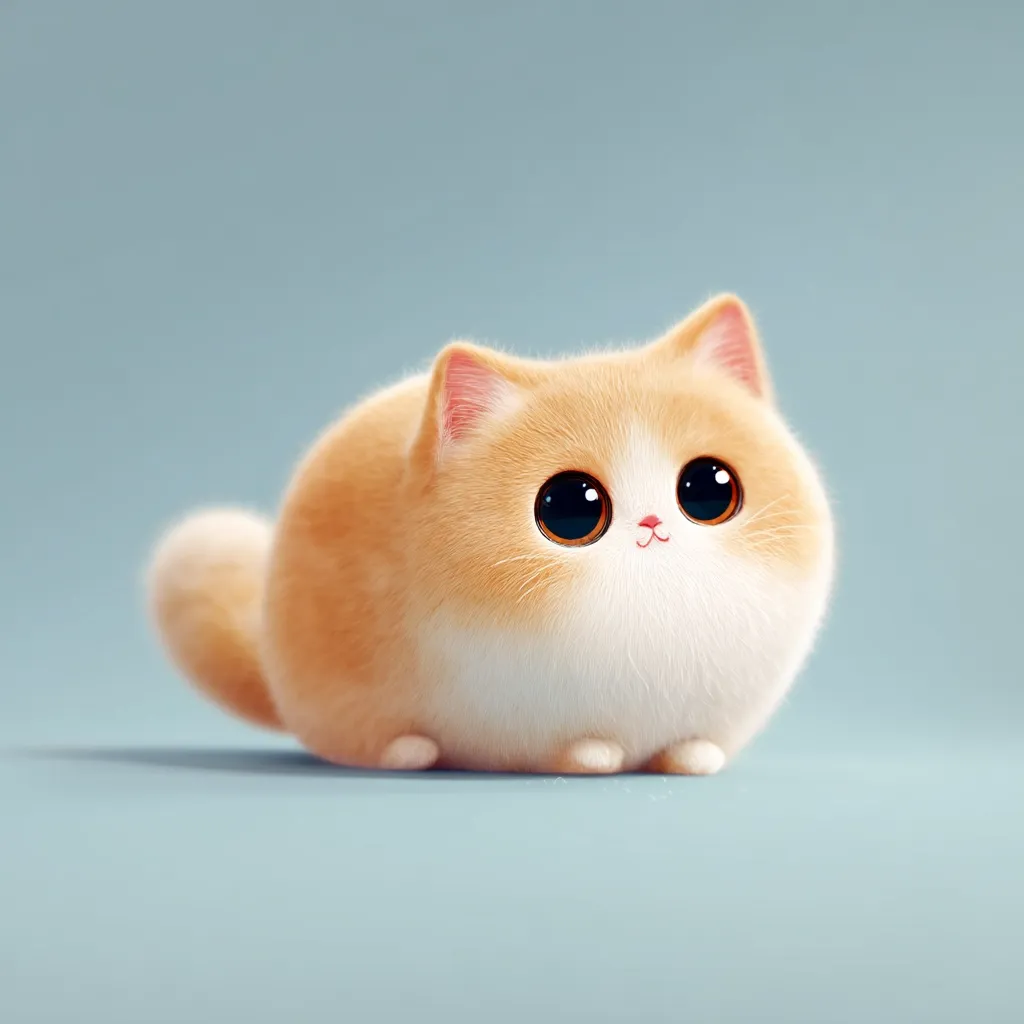 A digitally rendered, chubby orange kitten with large, expressive eyes sits against a light blue background.  Its fur is fluffy and appears soft. The kitten's pose is relaxed, giving off a cute and adorable vibe.  The overall style is cartoonish and sweet.