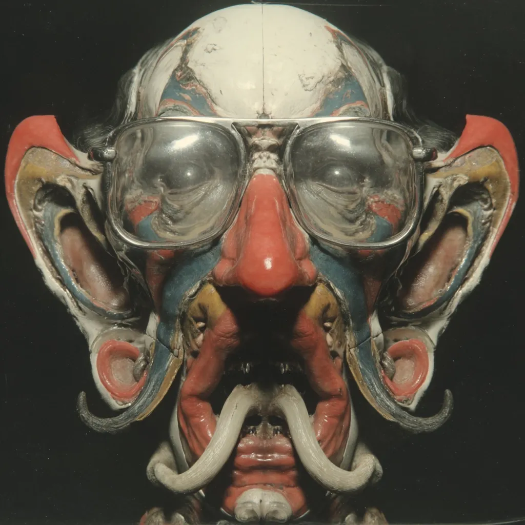 A close-up photograph reveals a meticulously crafted sculpture of a grotesque face. The figure, resembling a clown, wears oversized glasses and boasts exaggerated features: a bulbous nose, oversized ears, and a prominent, sculpted mustache.  The sculpture's surface is richly textured and painted in vibrant colors, creating a striking contrast against the dark background.  Its unsettling yet captivating details suggest a blend of macabre humor and anatomical precision.