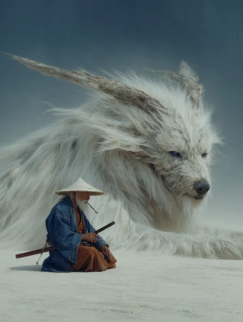 A serene image depicts an elderly samurai, clad in traditional garb and seated with a katana, beside a colossal, fluffy, white creature resembling a lion or dog.  The creature is immense, its fur billowing slightly, and its presence dominates the sandy landscape. The overall atmosphere is peaceful yet fantastical, hinting at a mythical or spiritual connection between the man and the beast.