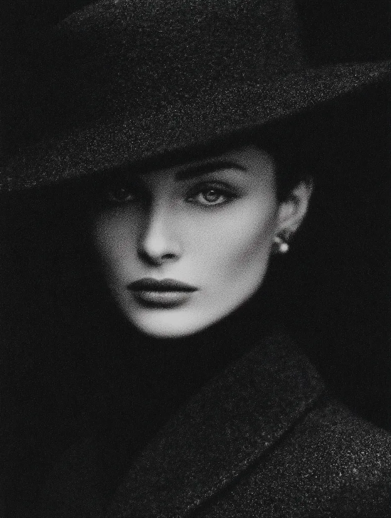 A black and white portrait showcases a woman wearing a wide-brimmed hat and a dark turtleneck.  Her gaze is directed slightly off-camera, creating a sense of mystery.  The image is heavily shadowed, emphasizing her features and the texture of her clothing.  A small earring is visible in her ear. The overall mood is sophisticated and enigmatic.