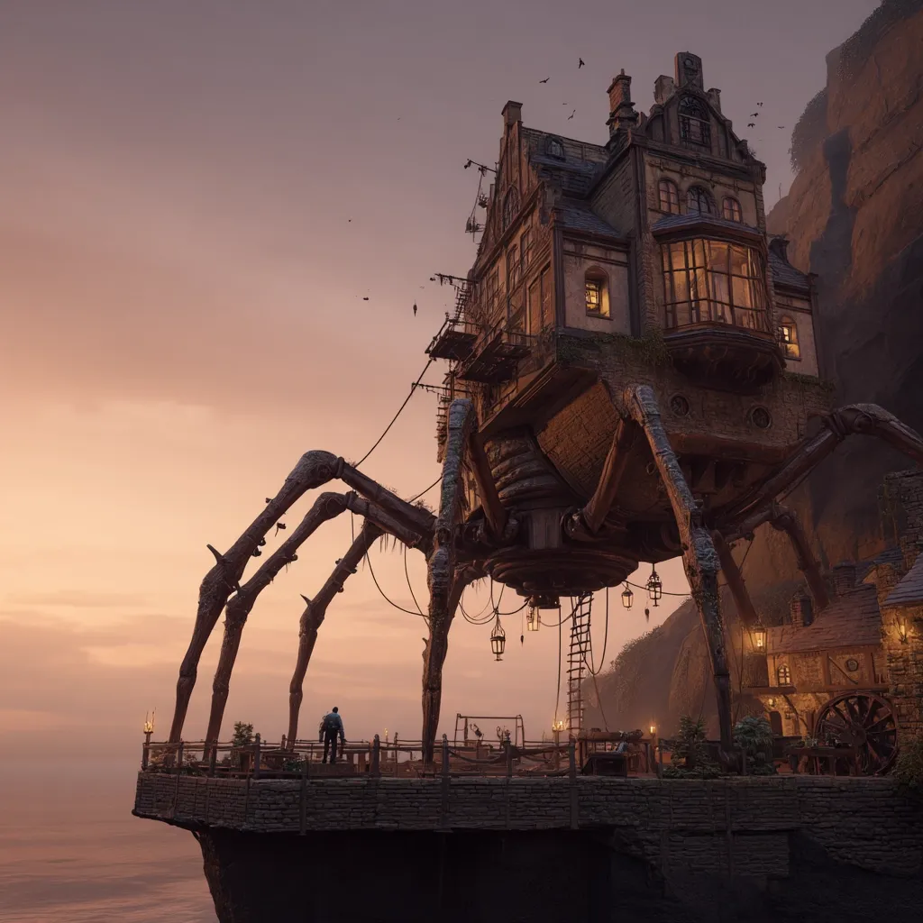 A quaint, multi-storied house, seemingly crafted from aged wood and stone, is perched atop a colossal, mechanical spider.  This fantastical structure stands on a cliff overlooking a calm sea at sunset.  A lone figure observes the scene from a platform beneath the spider-house, adding a sense of scale and mystery to the artwork's surreal composition.  Lanterns hang from the spider's legs, illuminating the scene.  Small buildings are visible nearby.