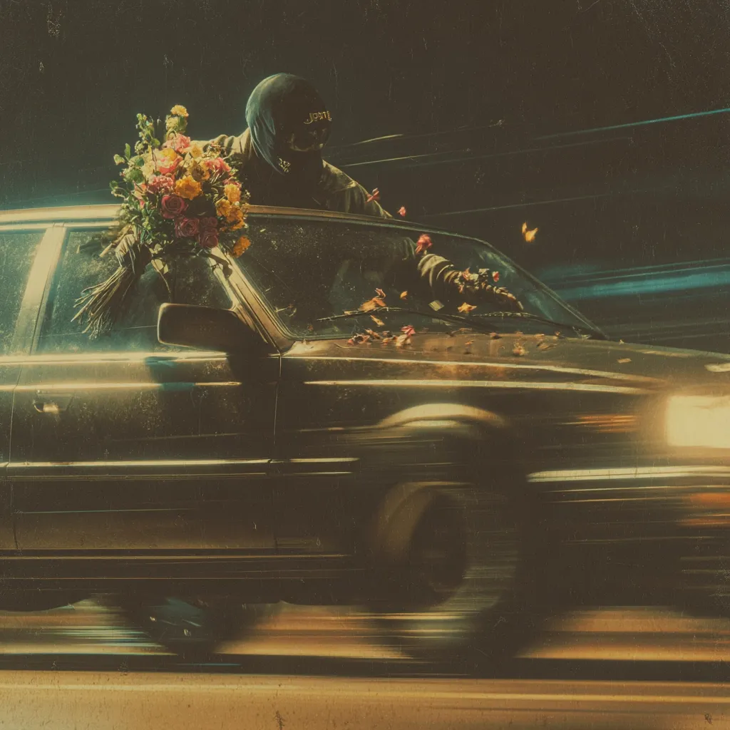 A stylized image depicts a masked figure in a dark car at night.  The figure holds a bouquet of flowers, petals scattered on the car's hood and windshield. The car is blurred, suggesting motion. The overall aesthetic is dark, moody, and slightly surreal, with a vintage film grain effect.  The scene is ambiguous, hinting at a narrative of mystery or unexpected romance.