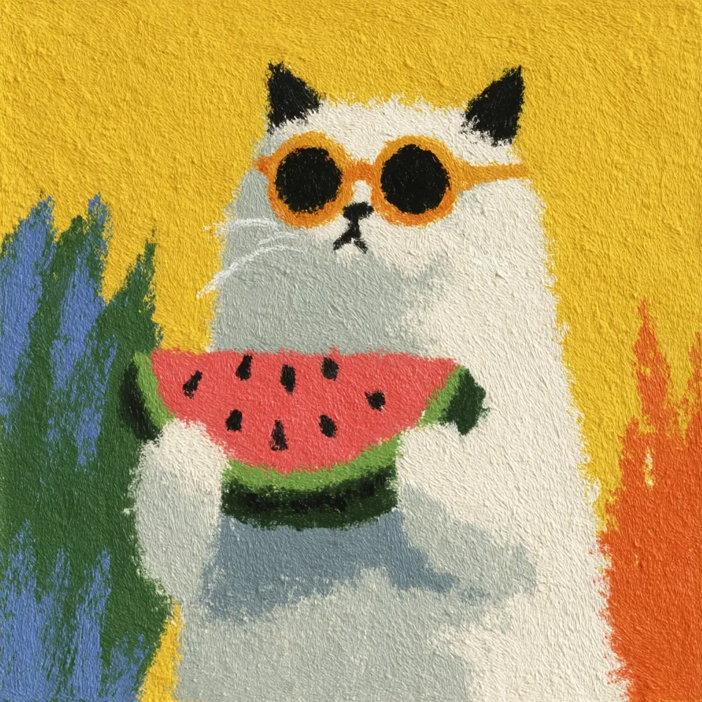 A whimsical painting depicts a fluffy white cat wearing orange sunglasses, happily holding a slice of watermelon. The cat's expression is serene, and the artwork is characterized by a textured, almost impasto style.  Vibrant background colors of yellow, orange, blue and green complement the cat and watermelon. The overall mood is cheerful and summery.