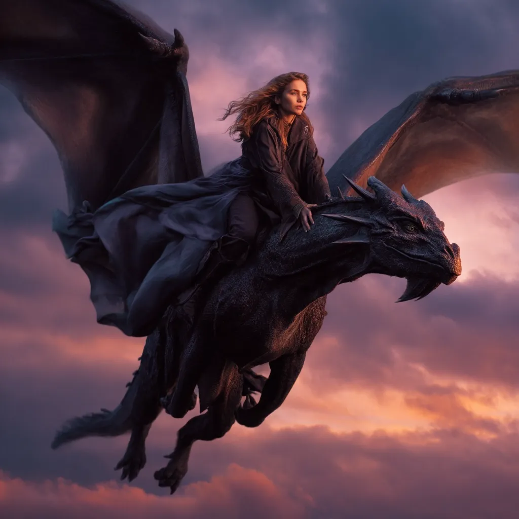 A young woman with flowing auburn hair sits astride a large, dark-grey dragon against a dramatic sunset sky.  Her dark cloak billows in the wind as the dragon soars through the clouds. The scene is evocative of fantasy and adventure, with a powerful sense of freedom and magic.  The dragon's wings are fully extended, showcasing its immense size.