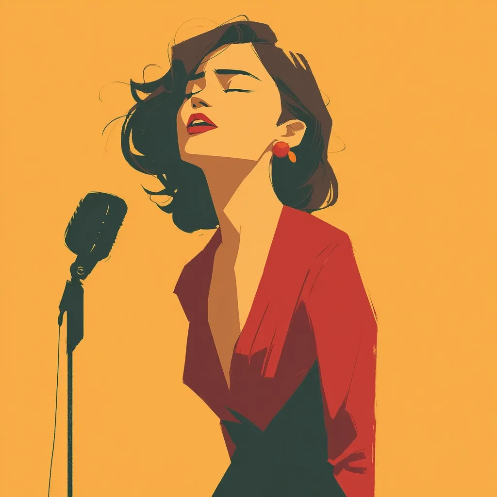 A stylized illustration depicts a woman with short, dark hair, eyes closed, and lips parted, as if singing into a vintage microphone.  She wears a red, open-collared shirt over a dark dress and small, round earrings. The warm, mustard-yellow background complements the rich colors of her attire, creating a retro aesthetic. The style is reminiscent of mid-century illustration or graphic design.