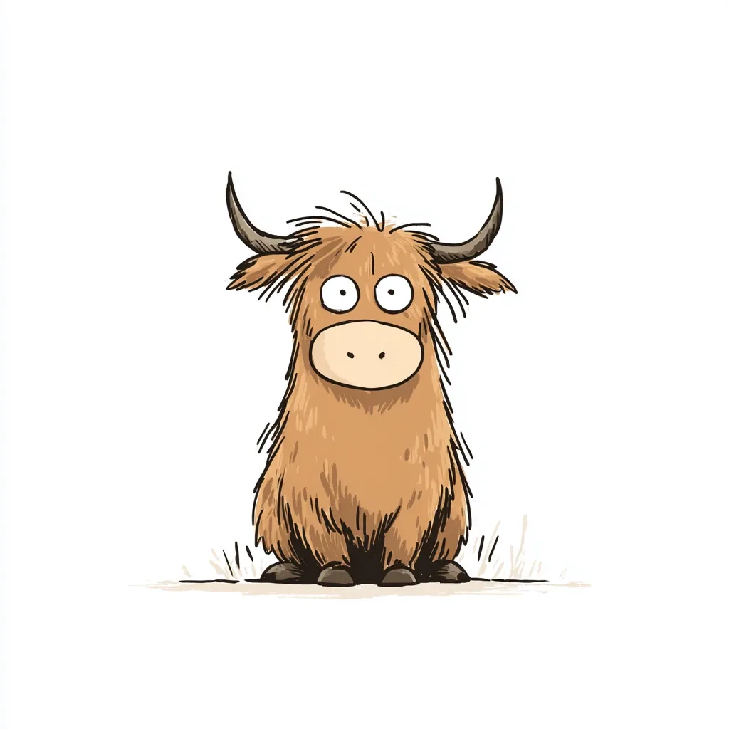 A cartoon Highland cow sits on a plain white background.  Its large, wide eyes are accentuated by its fluffy, light brown fur.  Small horns curl back from its head. The cow has a simple, slightly surprised expression.  The style is whimsical and childlike.