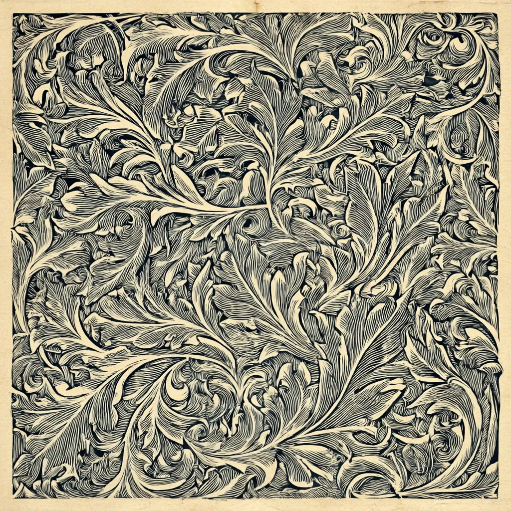 The image showcases a detailed, intricate design reminiscent of Art Nouveau or Victorian-era aesthetics.  A repeating pattern of stylized acanthus leaves and swirling foliage fills the square frame. The monochromatic palette, with dark leaves against a lighter background, enhances the texture and depth of the engraved or printed artwork, suggesting a woodblock print or similar technique. The design is dense and complex, creating a rich visual tapestry.