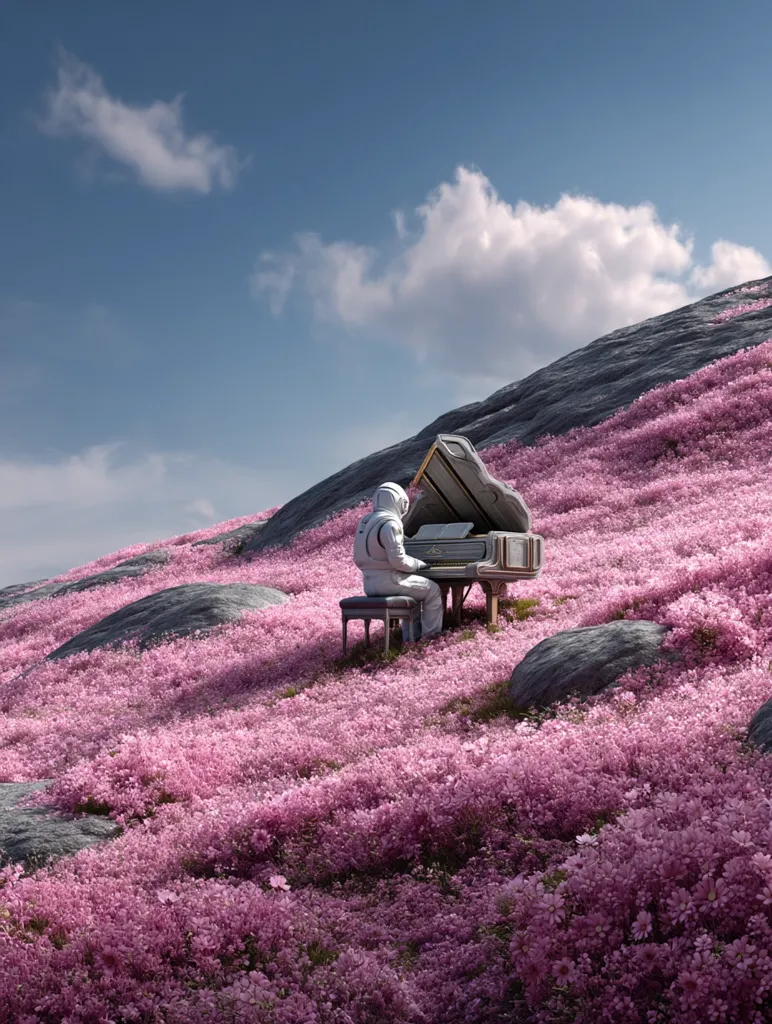 An astronaut sits at a grand piano on a hill covered in vibrant pink flowers.  The sky is a clear blue with fluffy white clouds. The scene is serene and surreal, suggesting a tranquil, extraterrestrial landscape. The contrast between the futuristic astronaut and the natural beauty of the flowers creates a striking visual.  The overall feeling is one of peace and solitude.