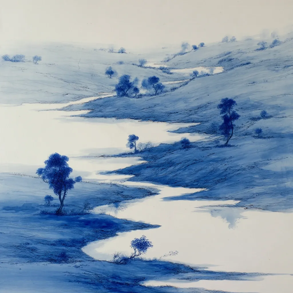 A serene blue-toned landscape painting depicts a meandering river snaking through rolling hills.  Sparse, dark blue trees dot the gently sloping terrain, creating a sense of calm and solitude. The artist uses a delicate line to render the scene, with the river reflecting the sky and land in a tranquil, almost dreamlike atmosphere.  The overall effect is peaceful and minimalist.