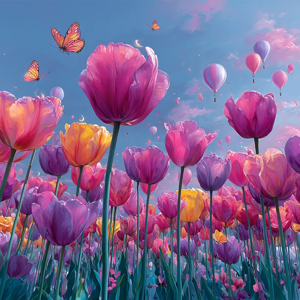 A vibrant field of tulips in varying shades of pink, purple, and orange stretches towards a pastel sky.  Small hot air balloons drift lazily overhead, and delicate butterflies flutter amidst the blossoms. The scene is dreamy and whimsical, evoking a sense of serenity and wonder. The perspective is from ground level, looking upwards into the colorful floral expanse.