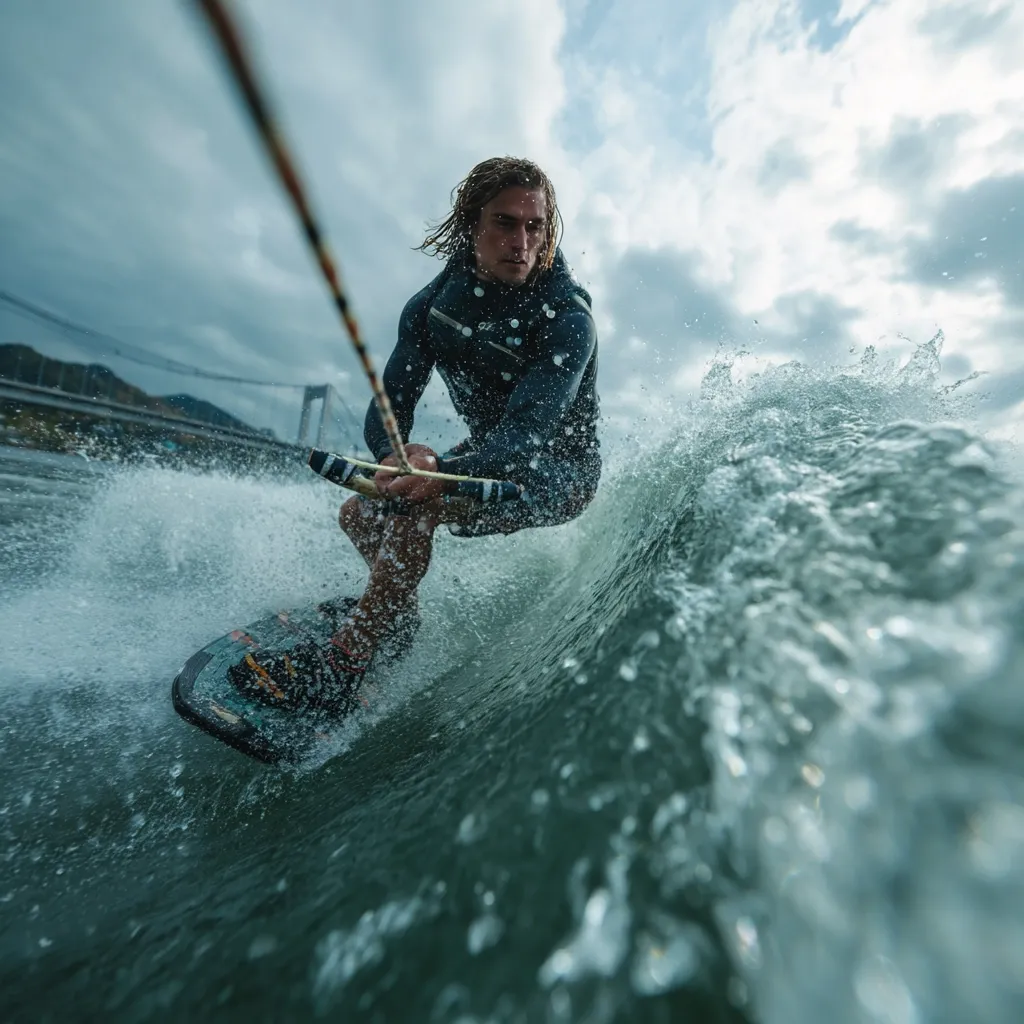 A wakeboarder, a young man with long hair, maneuvers his board over a wave, creating a spray of water. He's dressed in a dark wetsuit and grips the tow rope.  The background shows a bridge and cloudy sky. The image captures the dynamic energy of the sport, focusing on the rider's action and the powerful wake he produces.