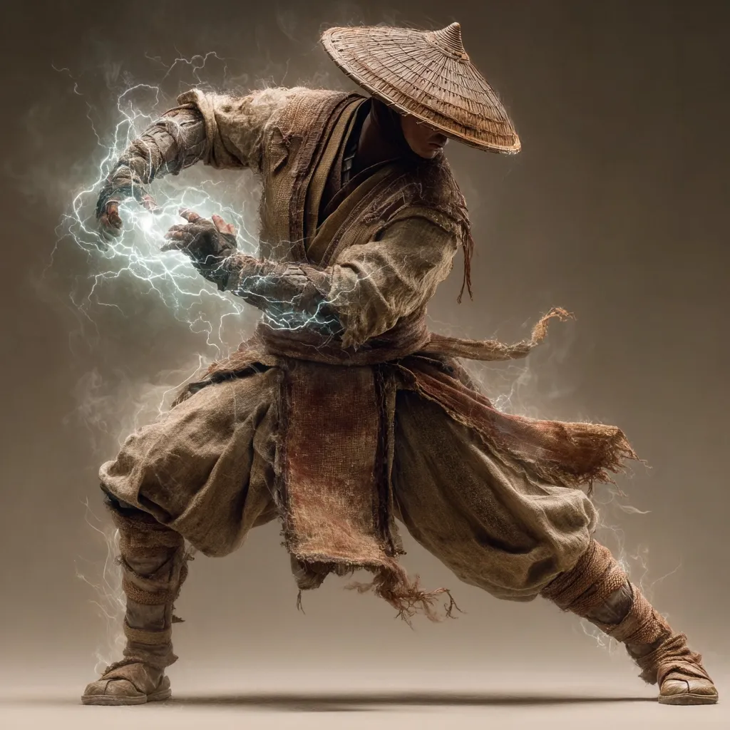 A dynamic image depicts a martial artist, clad in weathered, earthy-toned robes and a traditional conical hat.  The figure is in mid-action, hands outstretched, crackling with electrical energy.  The overall aesthetic suggests a blend of Asian martial arts and fantasy elements, emphasizing power and mystical abilities. The background is a muted, neutral tone that contrasts with the vibrant energy emanating from the figure.