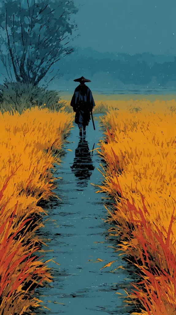 A lone figure, cloaked in dark robes and a wide-brimmed hat, walks along a narrow waterway.  The path is bordered by tall, golden grasses that sway gently in the muted light of an overcast sky. The water reflects the figure's silhouette, creating a sense of solitude and mystery in this evocative landscape.  A feeling of quiet contemplation permeates the scene.