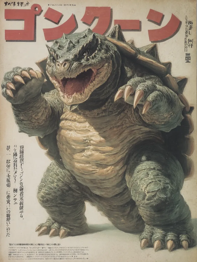 A striking illustration dominates the poster, showcasing a colossal, reptilian creature, possibly a Gamera-like monster. Its massive frame is detailed with textured scales, and its sharp claws and open maw emphasize its imposing presence. The creature's posture suggests a powerful stance, ready for action.  The background is muted, drawing focus to the monstrous figure and the bold red Japanese title prominently displayed across the top.