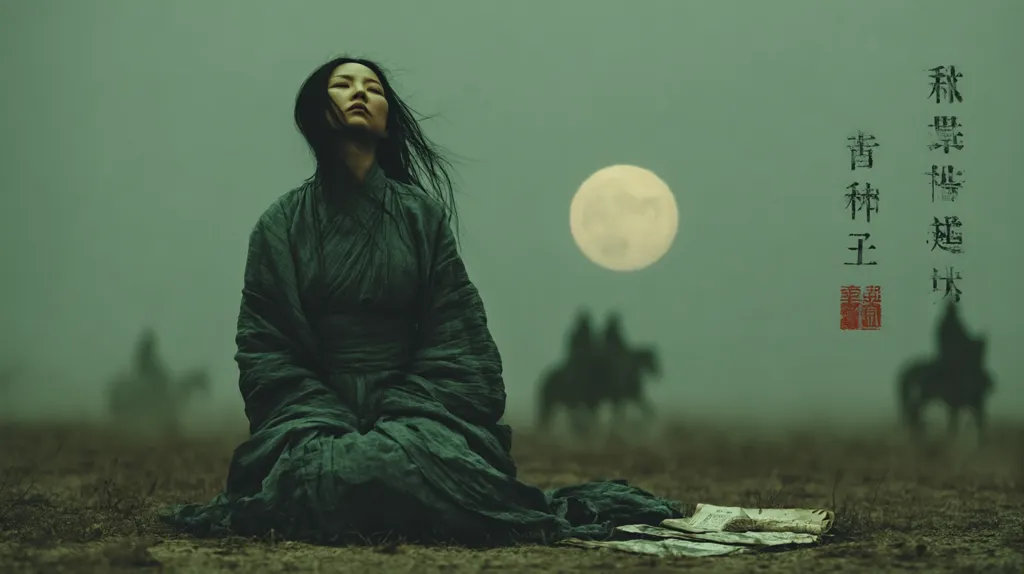 A woman in a dark green robe kneels on a desolate landscape under a large, pale moon.  Her eyes are closed, and her long dark hair flows behind her.  In the hazy distance, figures on horseback are barely visible.  Chinese characters are superimposed on the image, adding to the atmospheric and mysterious mood. The overall tone is somber and evocative.