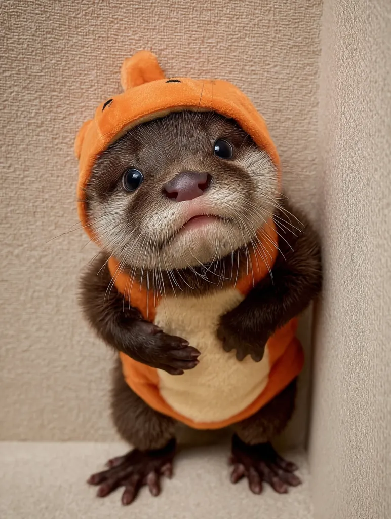 An adorable otter is captured in a heartwarming image, dressed in an orange hooded costume resembling a pumpkin.  Its large, expressive eyes and endearing posture create a captivating scene. The otter's fluffy brown fur contrasts beautifully with the vibrant orange of its outfit, highlighting its charming features.  The neutral background emphasizes the otter's cuteness and the overall heartwarming feel of the picture.
