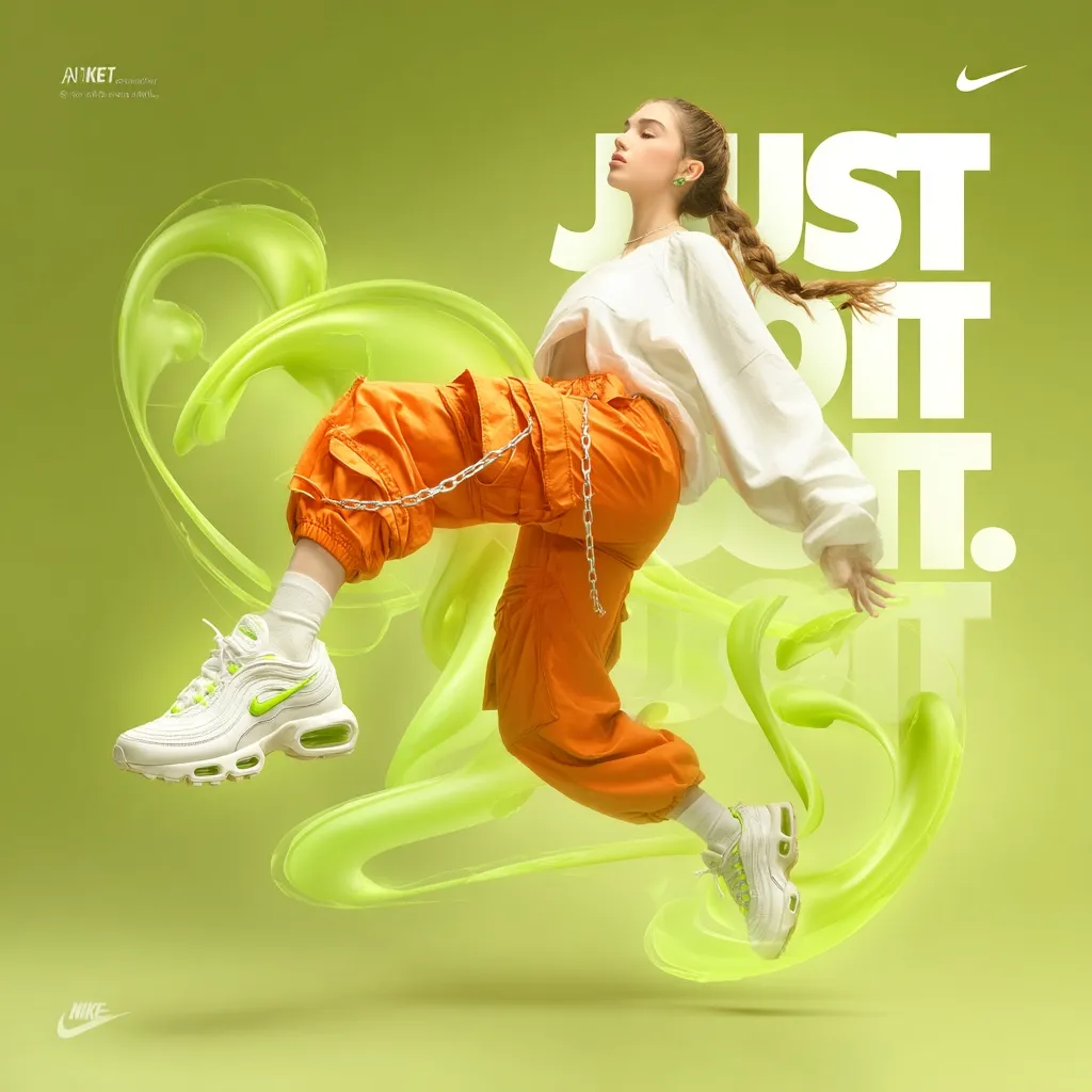 A dynamic Nike advertisement showcases a young woman in mid-air, sporting bright orange cargo pants, a white sweatshirt, and Nike Air Max 97 sneakers with neon green accents.  She's captured against a vibrant lime green backdrop featuring abstract swirls, embodying energy and movement.  The bold "Just Do It." slogan dominates the image, reflecting Nike's motivational branding.