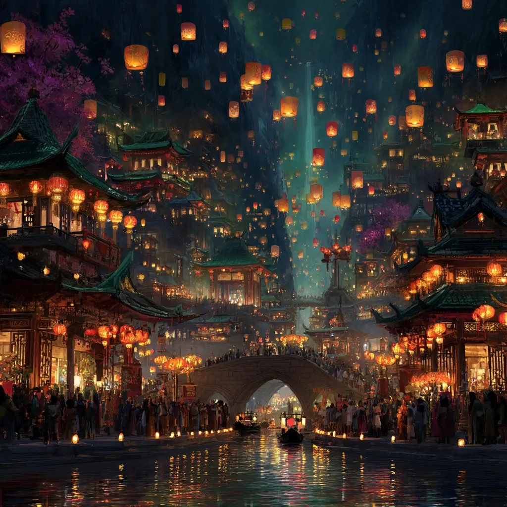 A vibrant, bustling night market scene unfolds in a fantastical Asian-inspired city.  Hundreds of glowing lanterns ascend into the night sky, illuminating the waterways and intricately detailed buildings.  People stroll along the canal-side streets, creating a lively atmosphere.  The scene is rich with color and detail, suggesting a celebration or festival.  A waterfall cascades down a cliff in the background, adding to the magical ambiance.