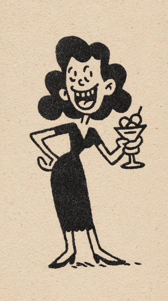 A black and white cartoon illustration of a woman in a little black dress. She has dark curly hair, a wide smile, and is holding a martini glass with olives. Her style is reminiscent of mid-century cartoons, with bold lines and simple features.  The woman exudes confidence and a playful energy. The background is a textured, off-white paper.