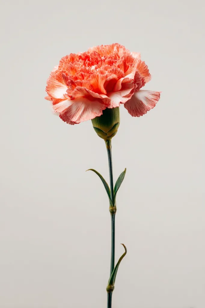 A single, delicate light orange carnation stands tall against a muted gray background.  The flower's petals are intricately detailed, showcasing a soft, almost painted effect of color.  The stem is slender and green, with small leaves extending from it.  The overall image is simple yet elegant, emphasizing the beauty of the single bloom.