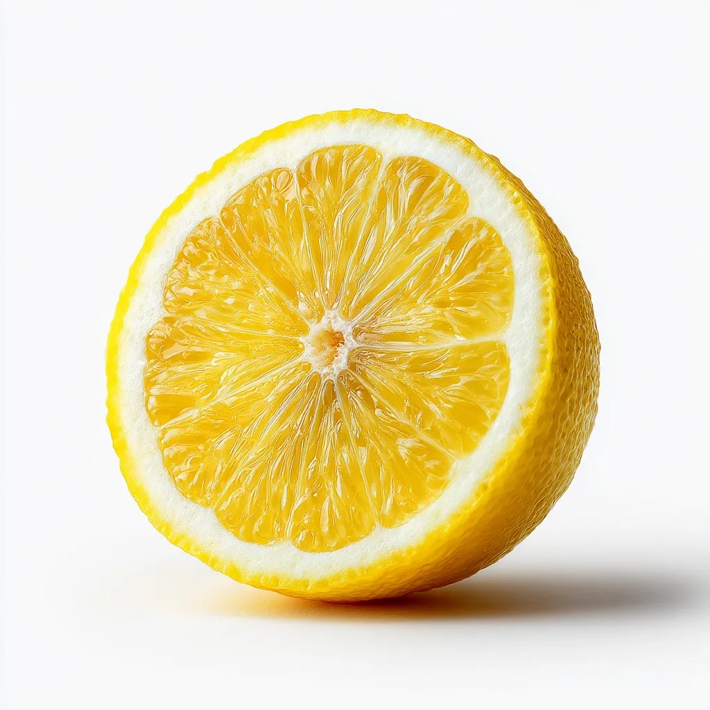 A vibrant, juicy lemon half is presented against a stark white backdrop.  The image showcases the lemon's bright yellow flesh, segmented and radiating from the center.  The texture of the rind is subtly visible, enhancing the overall freshness and appeal of the citrus fruit.  The lighting highlights the inner segments, creating a glistening effect.