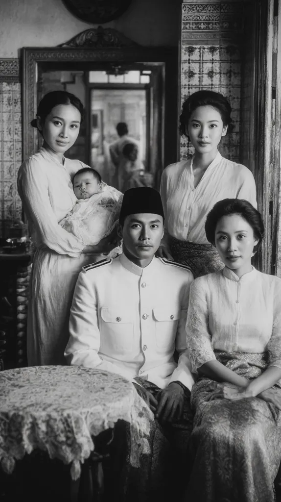 A black and white photograph depicts a family portrait. A man in a crisp white uniform sits centrally, flanked by two women in elegant dresses.  Another woman holds a baby, while a fourth woman stands behind the seated couple. The setting appears to be a traditional home, with ornate details visible in the background. The image evokes a sense of formality and familial unity.