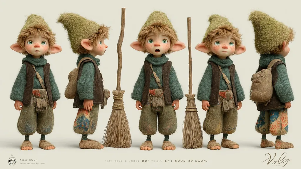 A charming 3D-rendered model of a young elf is shown from multiple angles.  He wears a mossy green hat, a teal sweater, and patched trousers, carrying a small bag and a broom.  His large ears and expressive features create a whimsical and endearing character design, showcasing detailed texturing and realistic rendering. The image suggests concept art for animation or a video game.